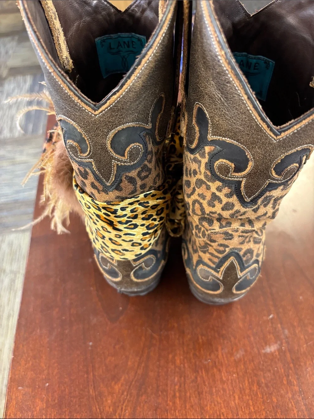 Lane Leopard Accent Cowgirl Boots with Floral Feather Detail Size 9